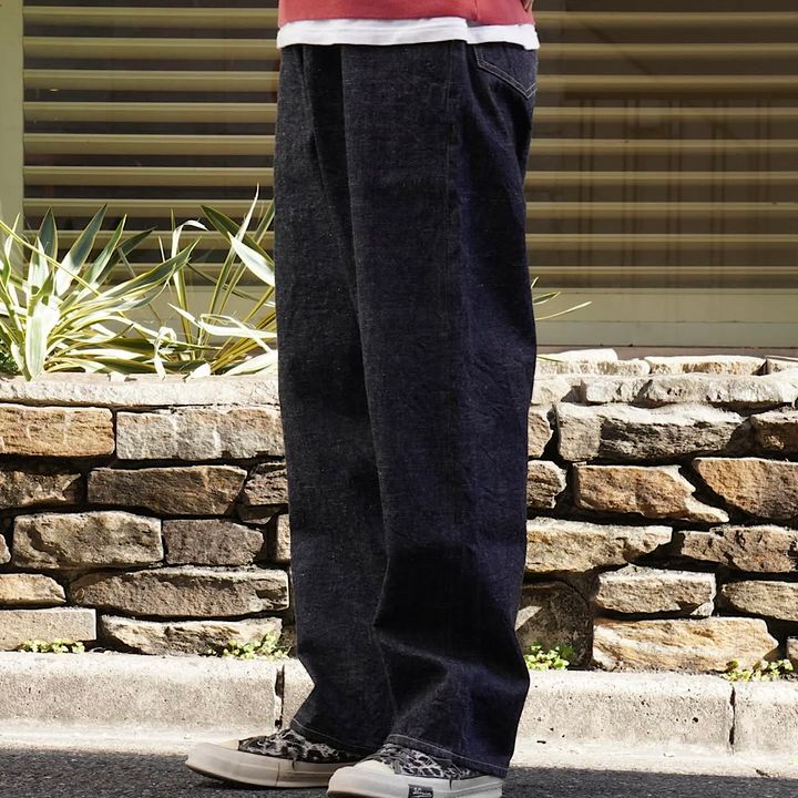 GOLD - RECYCLED WASTE SUVIN COTTON YARN 14oz. DENIM 5POCKET WIDE PANTS - GL42579A