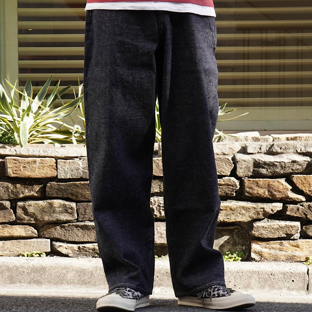 GOLD - RECYCLED WASTE SUVIN COTTON YARN 14oz. DENIM 5POCKET WIDE PANTS - GL42579A