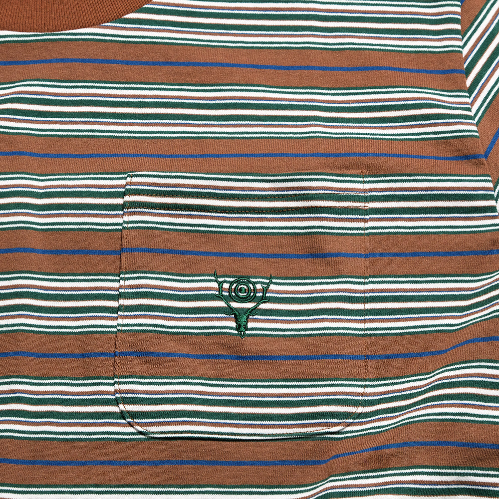 South2 West8 - S/S Round Pocket T-shirt - Cotton Multi Narrow Stripe Jersey - SX742