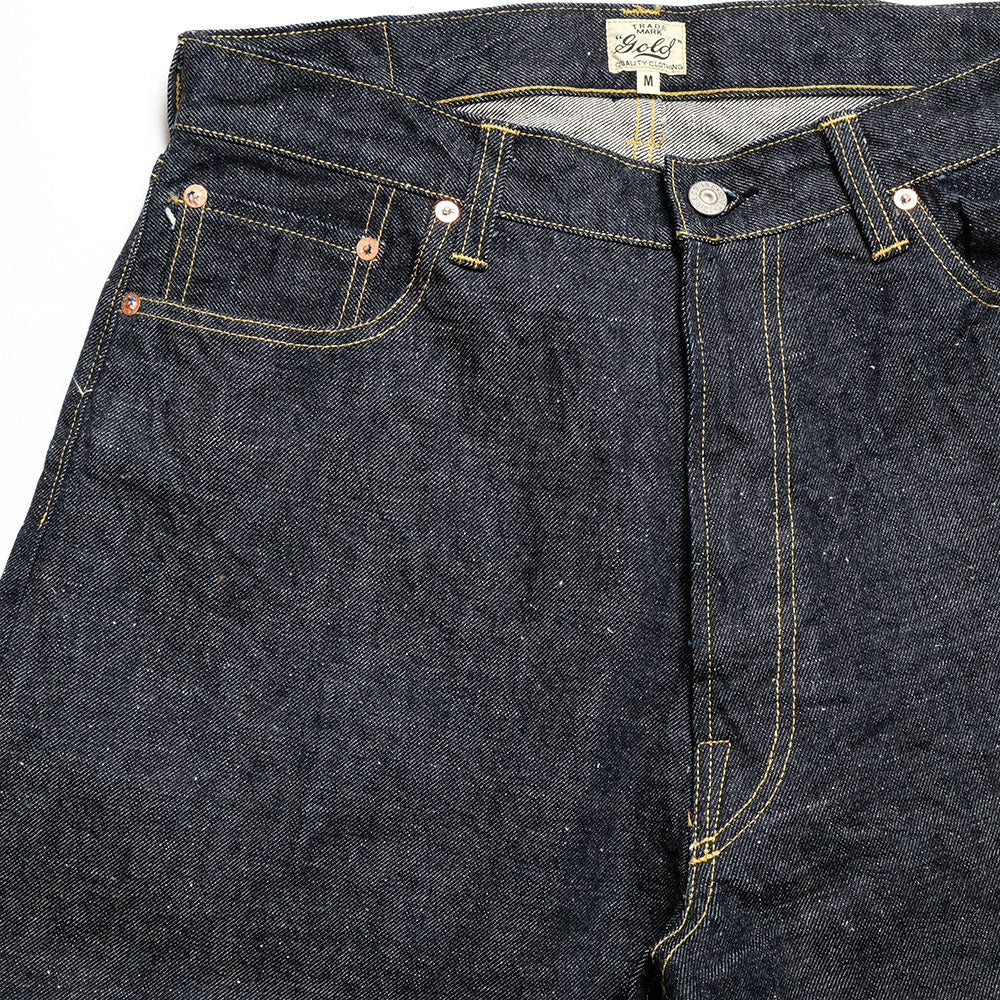 GOLD - RECYCLED WASTE SUVIN COTTON YARN 14oz. DENIM 5POCKET WIDE PANTS - GL42579A