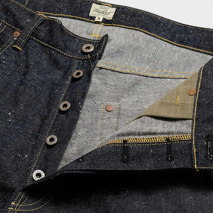 GOLD - RECYCLED WASTE SUVIN COTTON YARN 11.5oz. DENIM 5POCKET WIDE PANTS WWⅡ MODEL - GL42620N